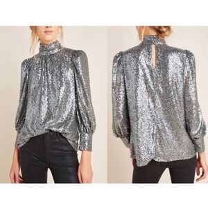 Sunday in Brooklyn Silver Sequin Holiday NYE Mock Neck Puffed Sleeve Blouse Xs
